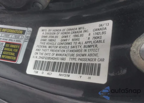 2013 Honda Civic Lx из США, поврежденный, VIN 2HGFG3B54DH511665